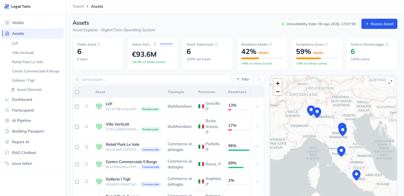 Asset Explorer — searchable asset list with readiness scores and a map of Italy