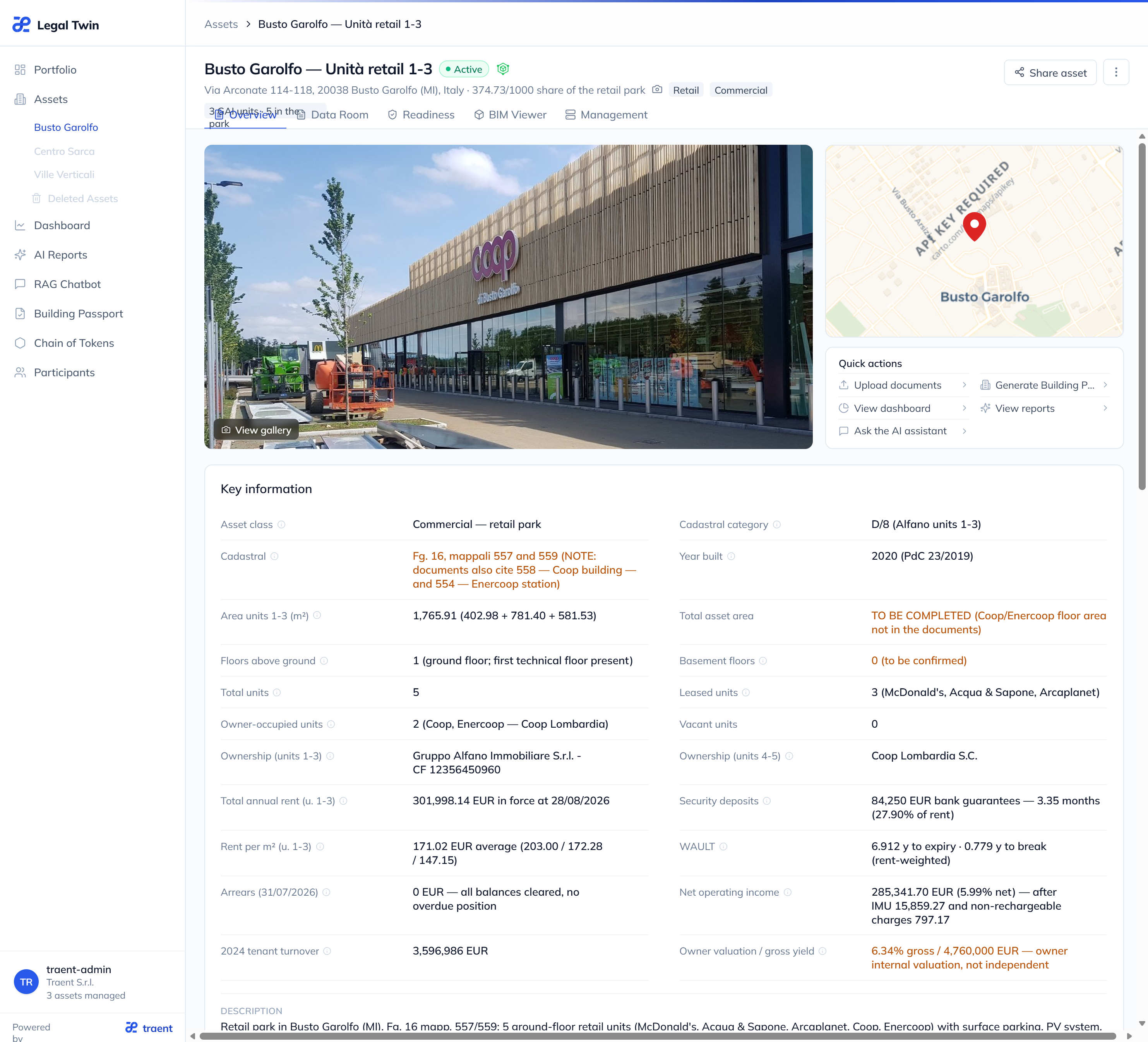 Traent asset detail interface for the Busto Garolfo property