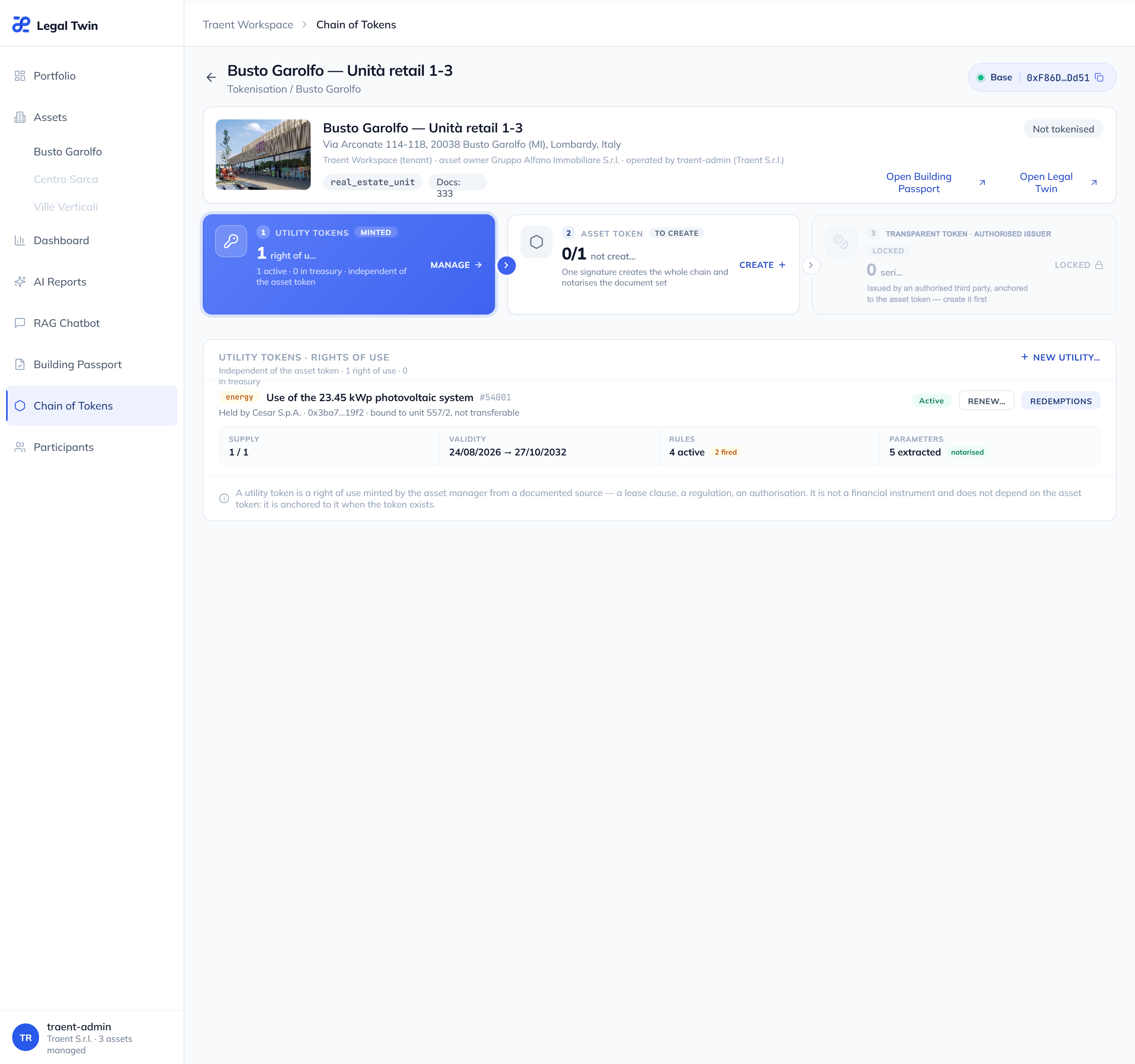 Traent Chain of Tokens overview for an asset
