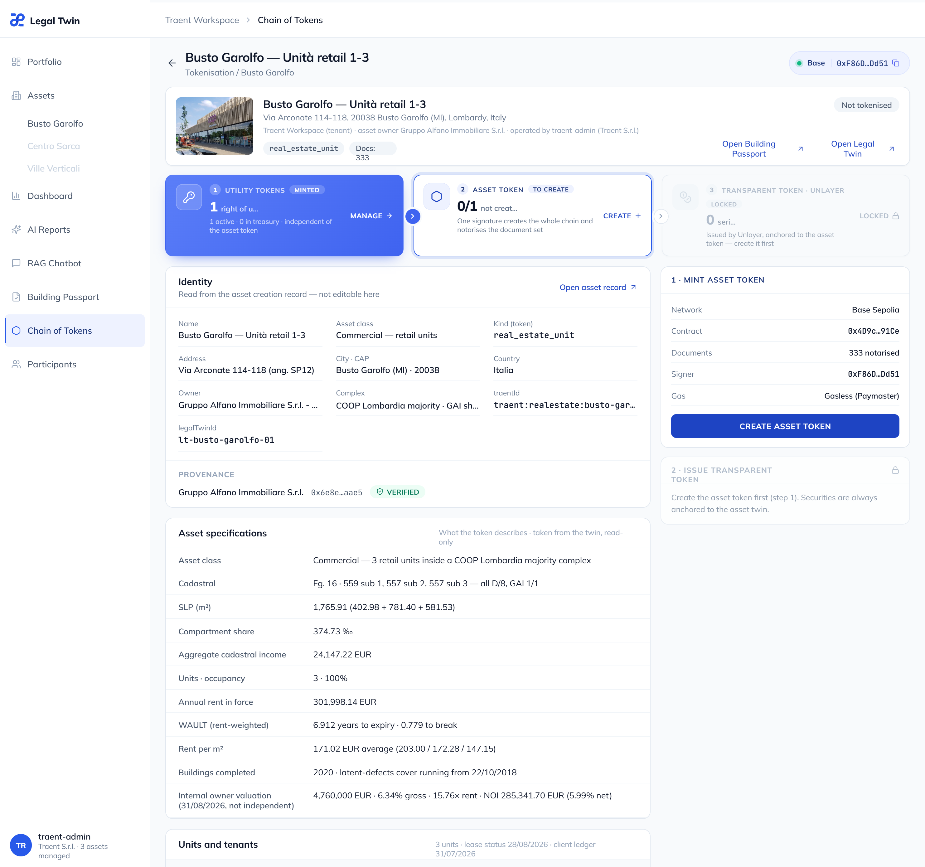Traent Asset Token detail interface
