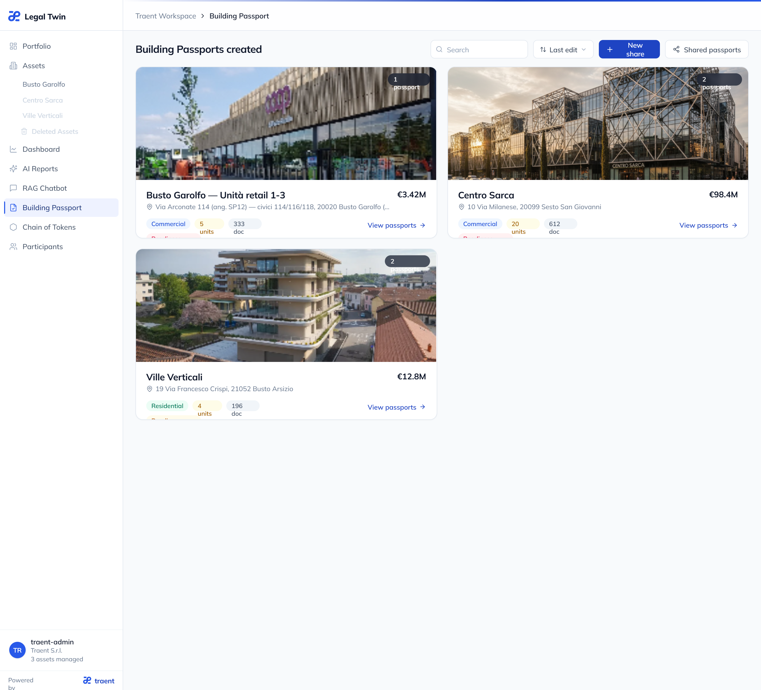 Traent Building Passports interface showing multiple properties