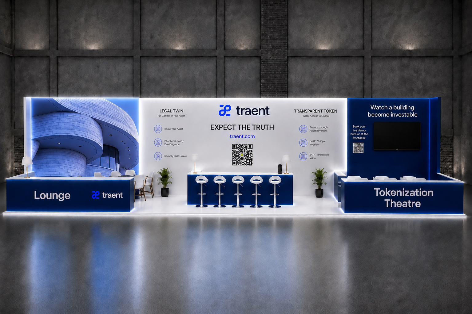 Traent stand — Legal Twin and Transparent Token pillars around the Expect the truth desk